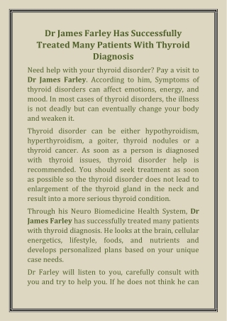 Dr James Farley Has Successfully Treated Many Patients With Thyroid Diagnosis