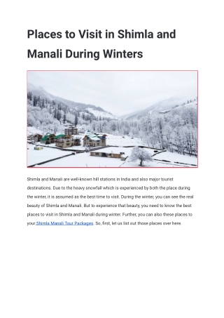 Places to Visit in Shimla and Manali During Winters