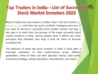 Top Traders in India – List of Successful Stock Market Investors 2022