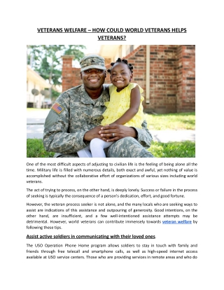 VETERANS WELFARE – HOW COULD WORLD VETERANS HELPS VETERANS?