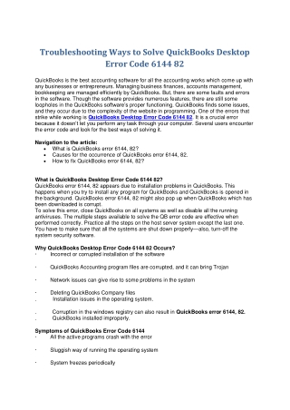 Troubleshooting Ways to Solve QuickBooks Desktop Error Code 6144 82