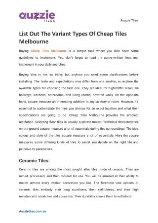 List Out The Variant Types Of Cheap Tiles Melbourne