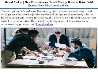Ahmad Ashkar | How Entrepreneurs Should Manage Business Better With Experts Help