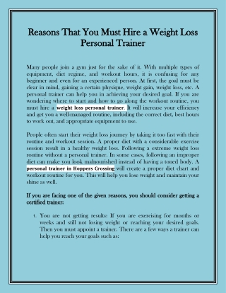 Reasons that you must hire a Weight loss personal trainer