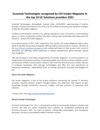 Ecosmob Technologies recognized by CIO Insider Magazine in the top 10 UC Solutio