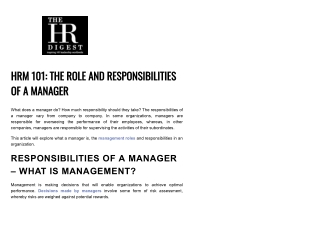 HRM 101: A MANAGER'S ROLE AND RESPONSIBILITIES