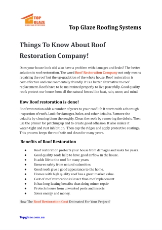 Thing To Know About Roof Restoration Company!