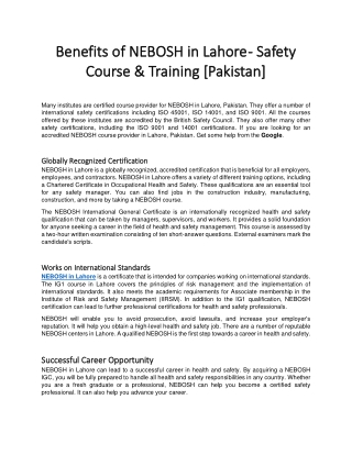 Benefits of NEBOSH in Lahore - Safety Course and Training [Pakistan]