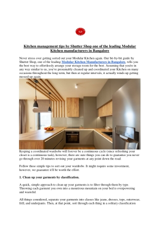 Kitchen management tips by Shutter Shop one of the leading Modular Kitchen manufacturers in Bangalore