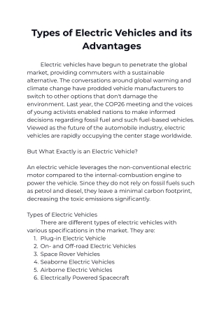 Types of Electric Vehicles and its Advantages