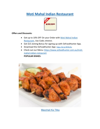 5% off - Moti Mahal Indian Restaurant Menu Malvern, VIC