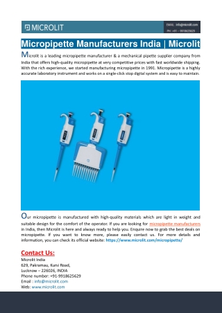 Micropipette Manufacturers India