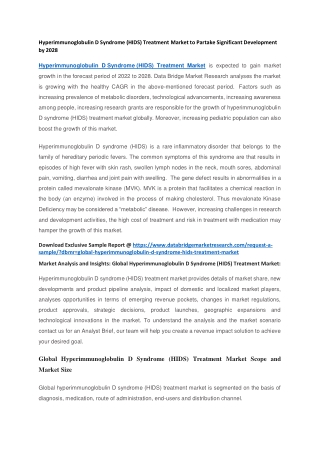 Hyperimmunoglobulin D Syndrome (HIDS) Treatment Market to Partake Significant Development by 2028