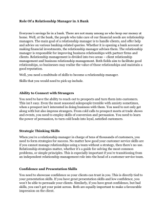 Role Of a Relationship Manager in A Bank