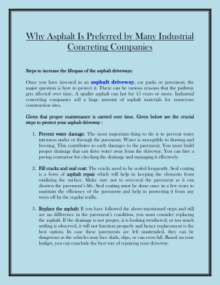 Why Asphalt Is Preferred by Many Industrial Concreting Companies