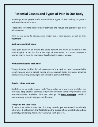 Potential Causes and Types of Pain in Our Body