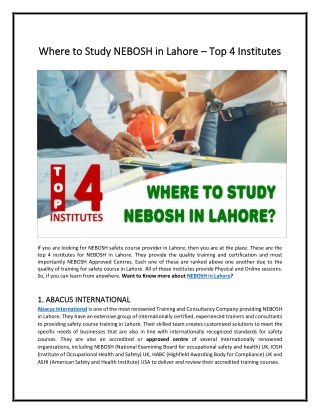 Where to Study NEBOSH in Lahore – Top 4 Institutes