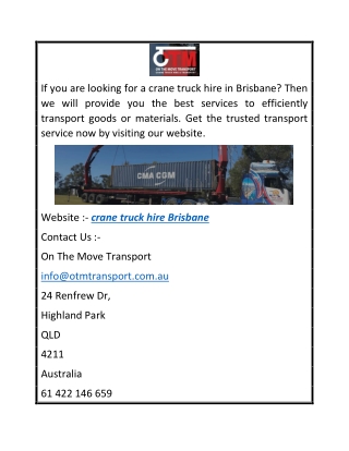 Crane Truck Hire in Brisbane  Otmtransport.com.au