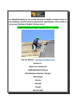 Certified Working at Heights Training Course in Toronto