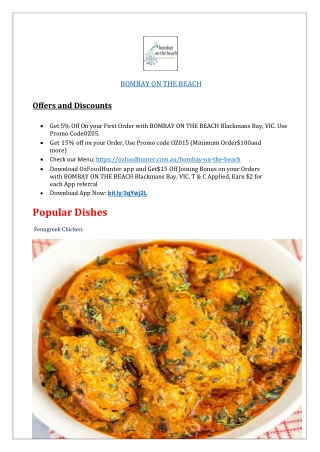 $5 off - Bombay on the Beach Indian Menu Blackmans Bay,TAS