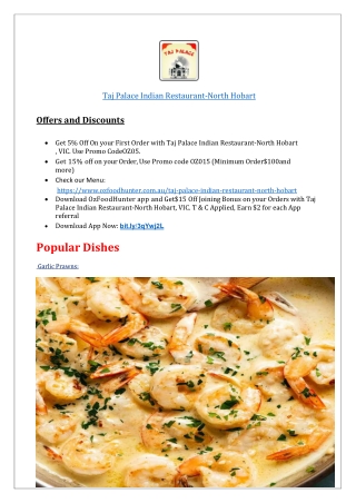 $5 off - Taj Palace Indian Restaurant Menu North Hobart,TAS