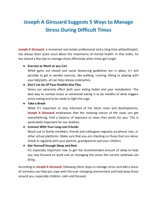 Joseph A Girouard Suggests 5 Ways to Manage Stress During Difficult Times