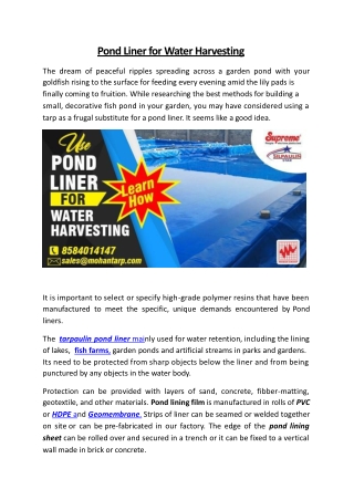 Pond liner for water harvesting