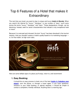 The Oasis Hotel - Top 6 Features of a Hotel that makes it Extraordinary