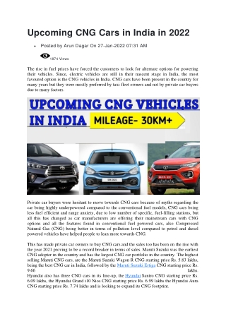 Upcoming CNG Cars in India in 2022