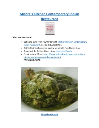 15% Off - Mishra's Kitchen Contemporary Indian Restaurant, VIC