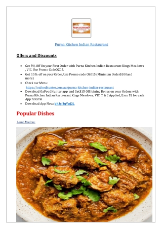 Purna Kitchen Indian Restaurant | $5 off on OzFoodHunter