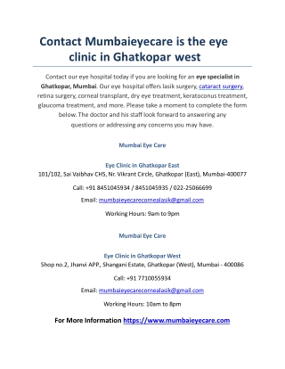 Contact Mumbaieyecare is the eye clinic in Ghatkopar west