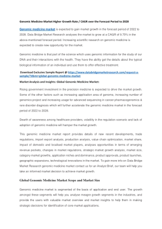 Genomic Medicine Market Higher CAGR over the Forecast Period to 2028