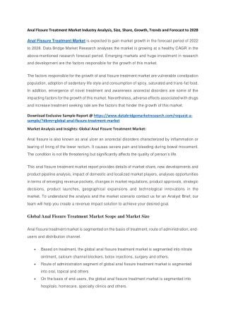 Anal Fissure Treatment Market Industry Analysis, Size, Share, Growth, Trends and Forecast to 2028