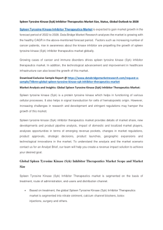 Spleen Tyrosine Kinase (Syk) Inhibitor Therapeutics Market Size, Status, Global Outlook to 2028