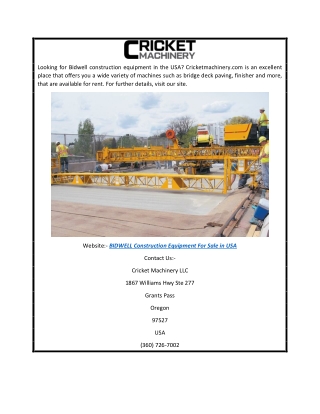 Bidwell Construction Equipment for Sale in Usa  Cricketmachinery.com