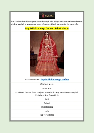 Buy Bridal Lehenga Online  Ethnicplus.in