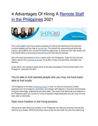 4 Advantages Of Hiring A Remote Staff in the Philippines 2021