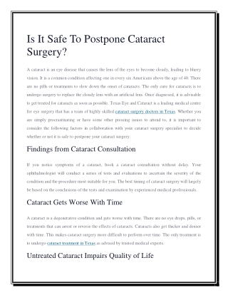 Is It Safe To Postpone Cataract Surgery