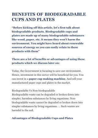 BENEFITS OF BIODEGRADABLE CUPS AND PLATES
