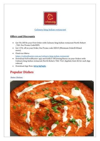 $5 Culinary king Indian restaurant North Hobart Menu, TAS