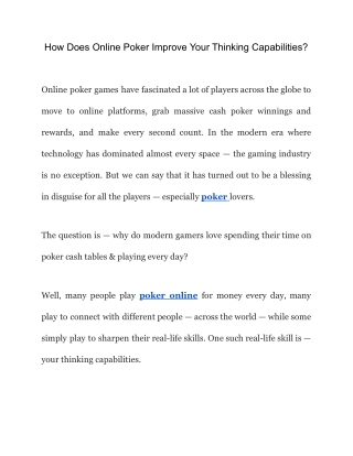 How Does Online Poker Improve Your Thinking Capabilities?