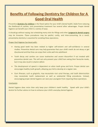 Benefits of Following Dentistry for Children for A Good Oral Health