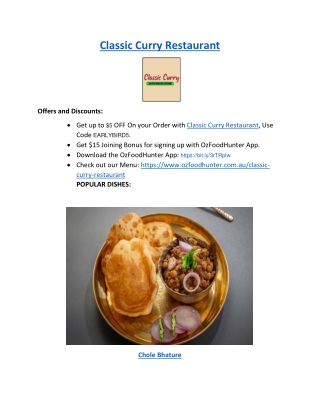 5% Off - Classic Curry Melbourne Restaurant Menu, VIC
