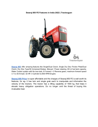 Swaraj 855 FE Features in India 2022 | Tractorgyan