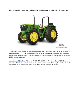 John Deere 5310 gear pro 2wd trem (IV) specification in India 2022 | Tractorgyan