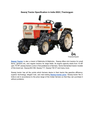 Swaraj Tractor Specification in India 2022 | Tractorgyan