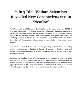 ‘1 in 3 Die’: Wuhan Scientists Revealed New Coronavirus Strain ‘NeoCov’