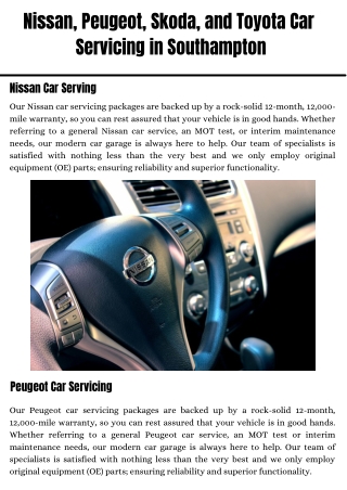 Nissan,Peugeot,Skoda and Toyota Car Servicing in Southampton