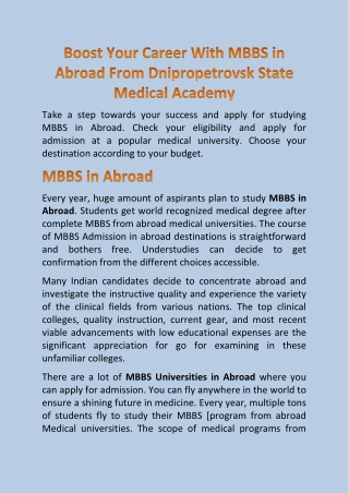 Boost Your Career With MBBS in Abroad From Dnipropetrovsk State Medical Academy